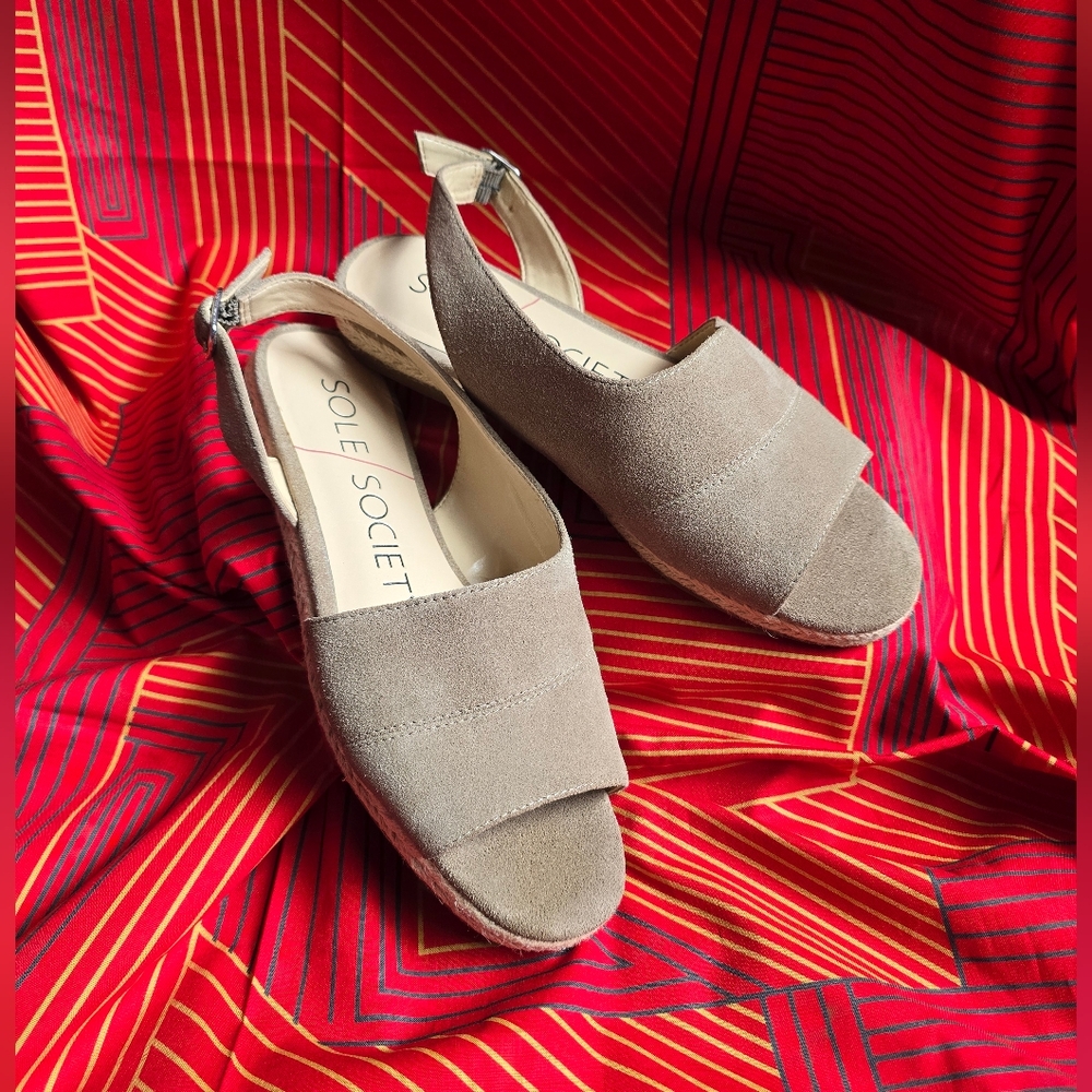 Sole Society Taupe Suede Leather Flat Espadrille Slingback Sandals
